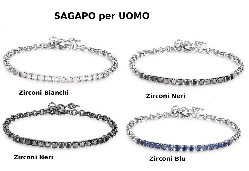 Sagapo Bracciale uomo Tennis centrale acciaio zirconi blu nero bianco - Immagine 2 di 3