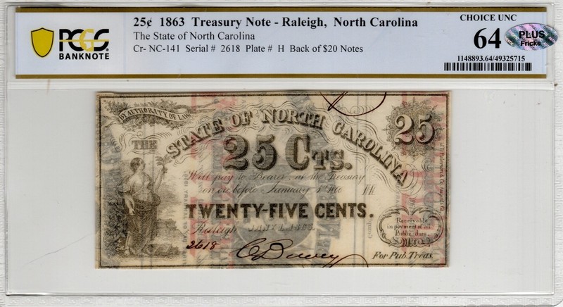 NC CR-141 1863 $0.25 North Carolina Paper Money - PCGS-B Choice Unc 64 - PLUS