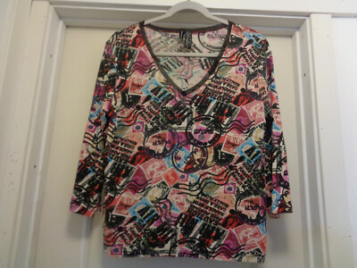 TRAVEL GIRL EXOTIC SILK LYNN RICHIE SILK TRAVEL STAMPS BOHO BLOUSE W LACE L