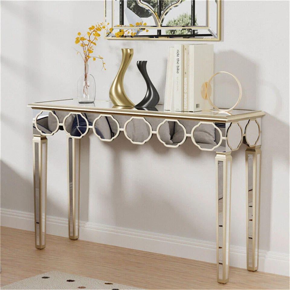 FATIVO Glass Mirrored Console Table Gold Trim Side Bar Table Living Room Hallway - Image 4 of 4