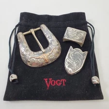 MINT Vogt Silversmiths Sterling w/14k GF 3pc Texas Longhorn 1" Buckle Set w/Accs