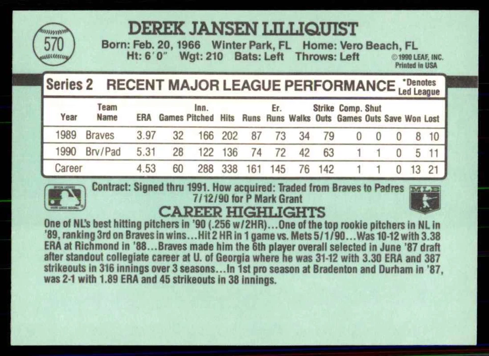 1991 Donruss Derek Lilliquist San Diego Padres #570 - Image 2 of 2
