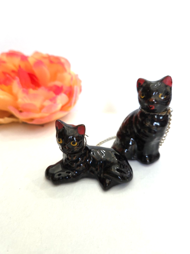 Vintage Ceramic Black Cats Cat Mama  Kitten Chain Kitsch Figurines MCM Japan - Picture 7 of 7