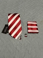 Barry.Wang Red White Striped 100% Silk Necktie with Handkerchief and cufflinks