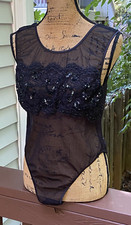 Vintage Victorias Secret Gold label Black Lace, Bling  Nylon Bodysuit-SZ Large