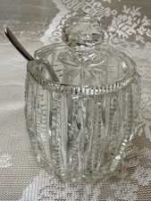 Vintage Cut Glass Sugar Bowl With Lid Spoon Starburst Crystal 1950s