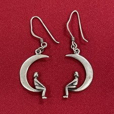 Sterling Silver 925 Girl Sitting on Crescent Moon Dangle Drop Earrings