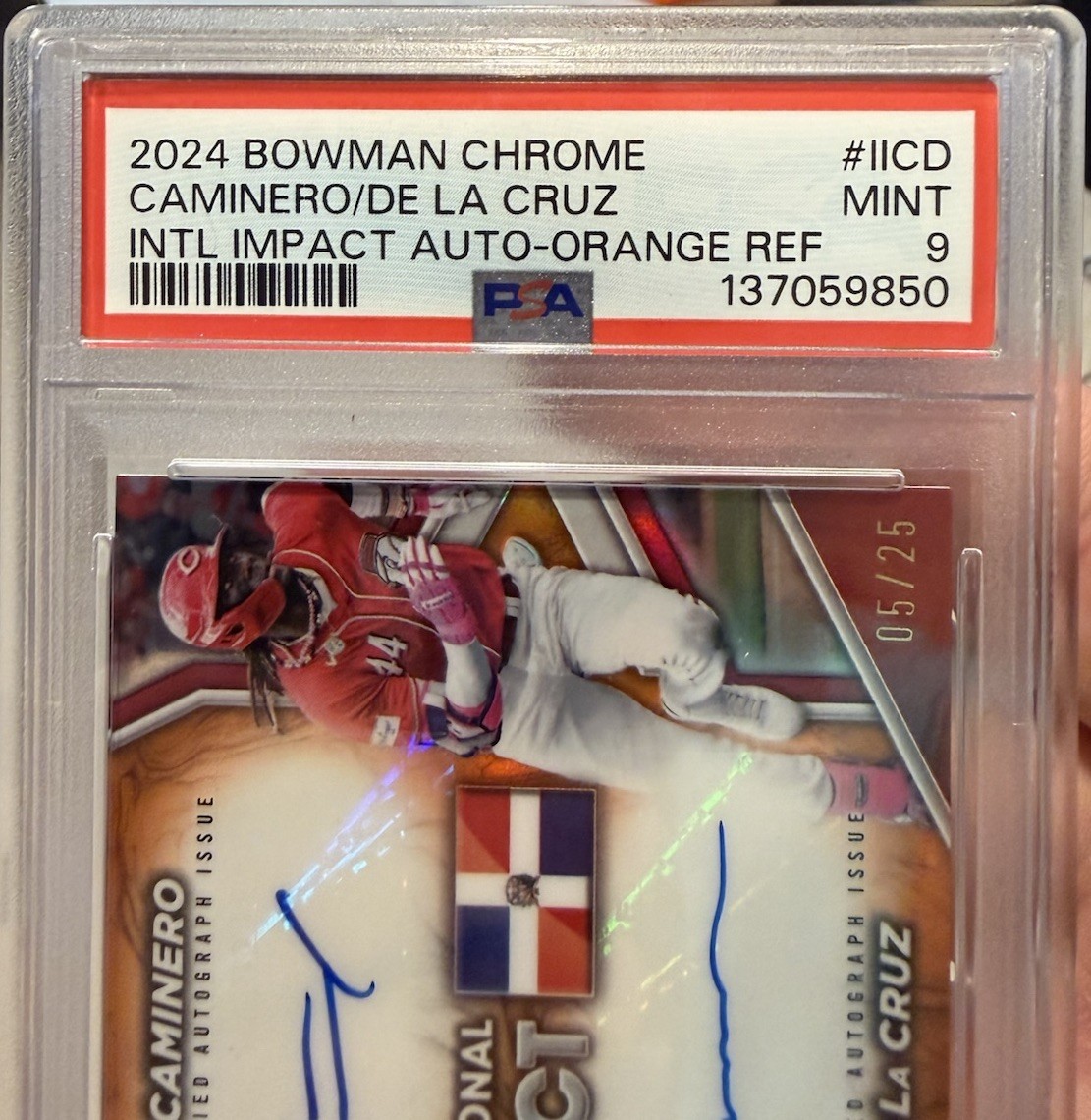 2024 Elly De La Cruz Junior Caminero Dual Auto Intl Impact Orange Ref /25 PSA 9 view 2