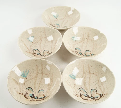 6x Red Wing Pottery Bob White 6 1/2" Oval (Cereal - Salad) Bowl Quail Birds USA