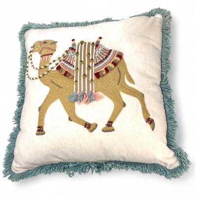 Pier 1 Imports Embroidered Desert Camel Pillow 18'' Square Fringe Throw 