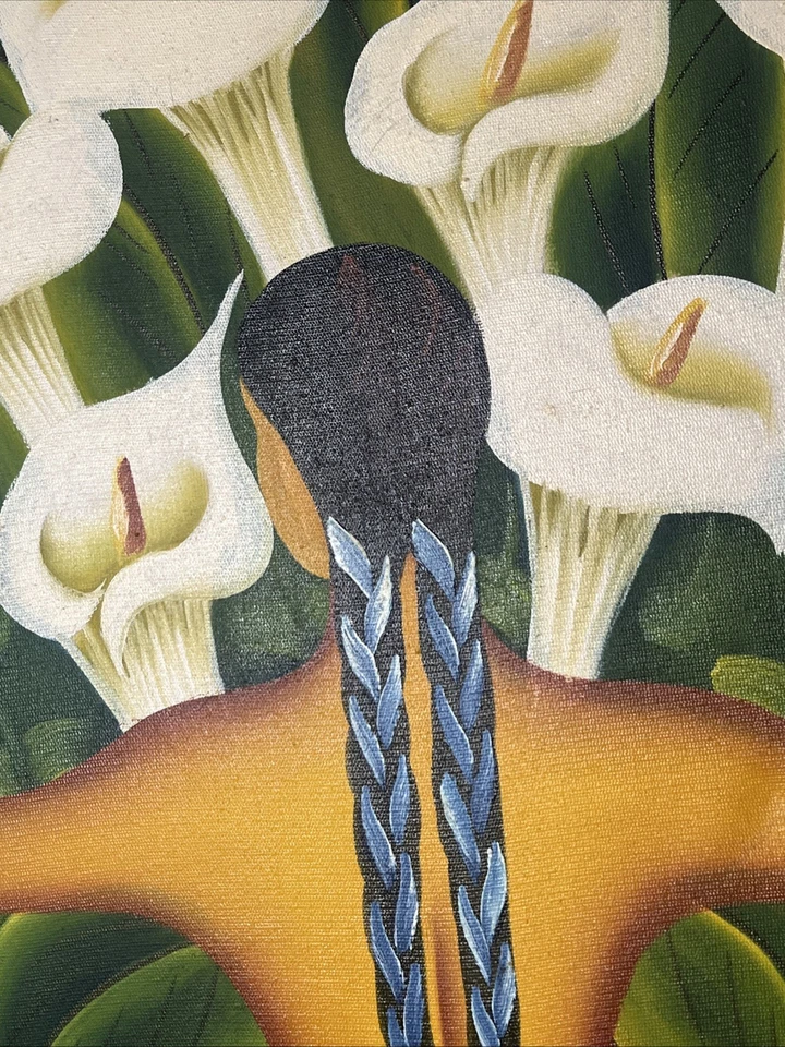 Beautiful Vintage Spanish Oil Painting of Girl w/ Cala Lilies after Diego Rivera - Image 2 of 4