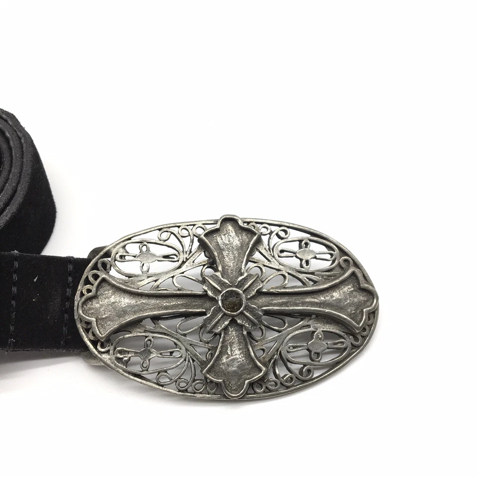 VTG DKNY Donna Karan Black Suede Leather Belt Women's Small Silver Gothic Buckle - Image 2 of 4