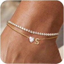 Gold Initial Ankle Bracelets for Women Waterproof 14K Gold Filled Layered Anklet
