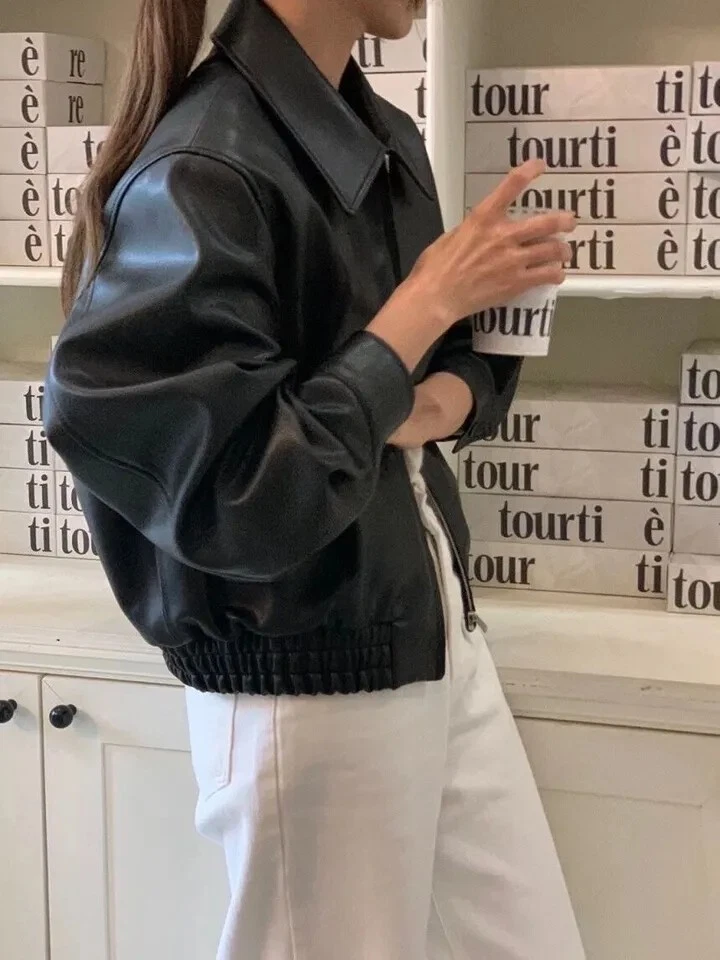 Abrigo chaqueta de cuero bombardero de béisbol con doble cremallera The Row para mujer S M L XL Foto 3 de 4