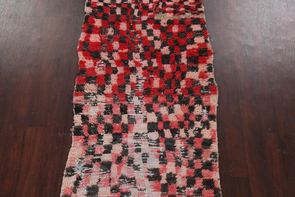 Antique Checked Moroccan Oriental Runner Rug Hand-knotted Modern Wool 3x9 Carpet - Image 3 of 4