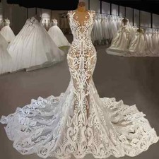 Sexy Mermaid Wedding Dresses Lace Applique Sleeveless Sweep Train Bridal Gowns