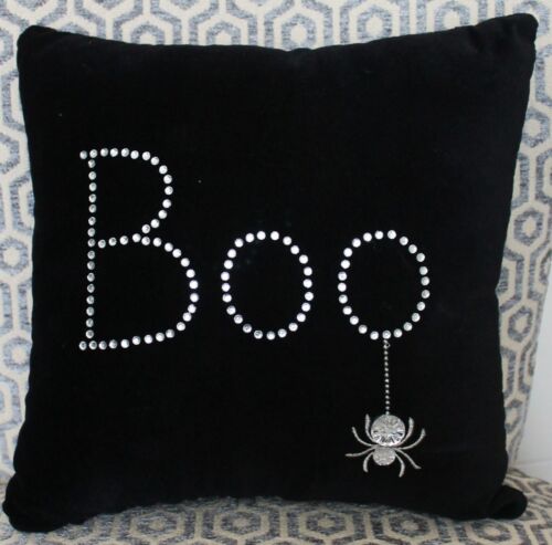 Pier 1 Rhinestone Boo Spider Black Velvet Throw Pillow 12" Halloween Decor