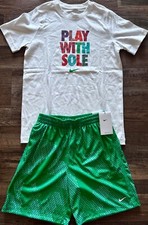 NWT Nike Boys YLG Green/White/MultiColor PLAY WITH SOLE Dri-Fit Shorts Set Large