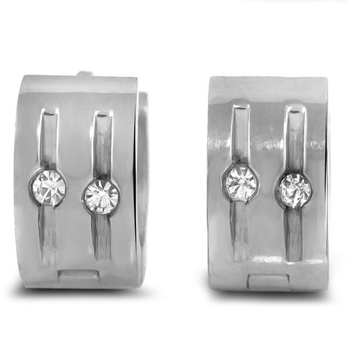 Top Grade Stainless Steel Round Hinged Hoop Huggie Cz Earrings W Cz Accents - Picture 2 of 2