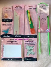 HEMLINE SEWING AIDS ~ POINT TURNER ~ GAUGE ~ FINGER SHIELD ~ NEEDLE THREADER +