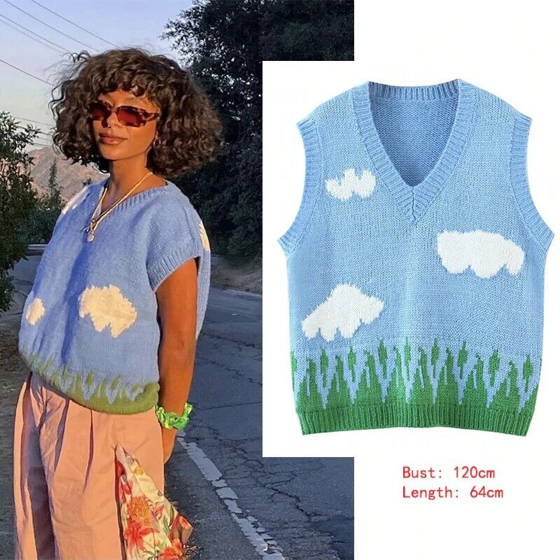 Clouds & Trees Embroidered Oversized Sweater Hippie Nature Clouds & Trees Embroidered Oversized Sweater Hippie Nature