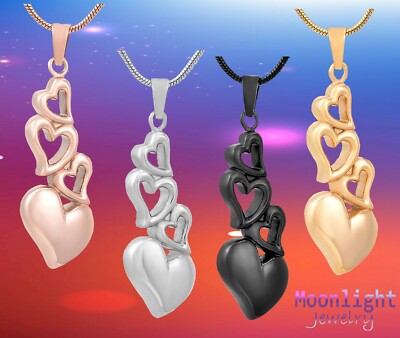 New Stacked Hearts Love Heart Urn Cremation Pendant Ashes Memorial Necklace 