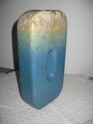 Vintage Peacock Blue & Brown Drip Art Pottery Vase Oblong with Oval Hole 9.25" T - Picture 4 of 11