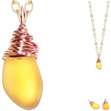 USA  Artisan COPPER wire-wrapped YELLOW sea glass Freeform non-tarnish Necklace