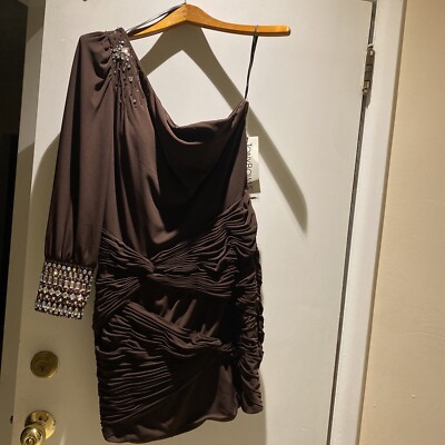 Tony Bowls Brown beaded cuff one shoulder long sleeve formal dress new size  12 | eBay