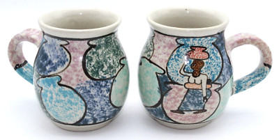 Set of 2 Dedza Malawi African Pottery Speckled Stoneware Mugs Woman Water Jugs