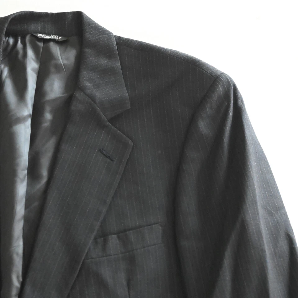 Vtg USA Made 44L 38x30 Navy Blue Stripe Wool Mens Jacket Pants Suit - Image 2 of 4