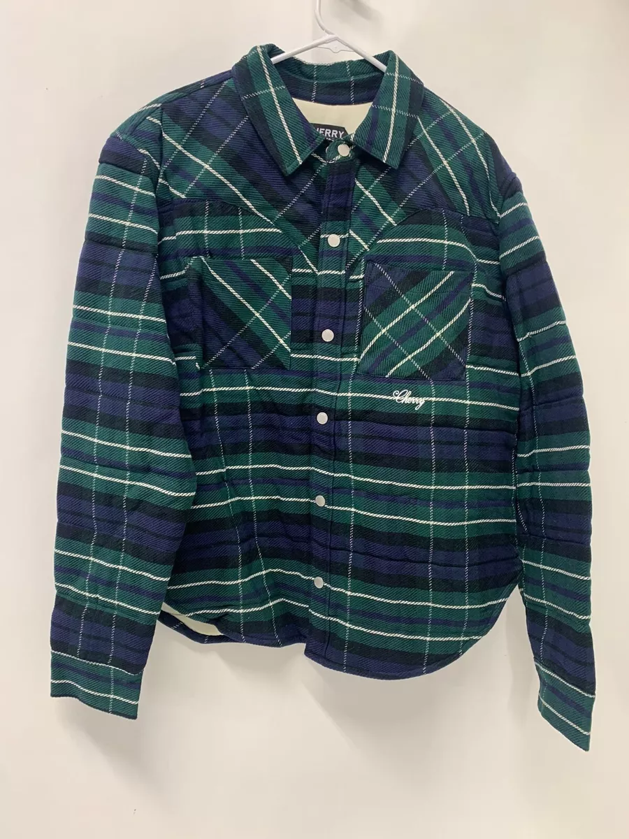 Cherry LA Adult M Quilted Flannel Shirt Jacket Green Navy Cotton