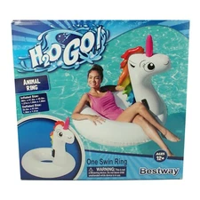 H2OGO!  Inflatable Rainbow Unicorn Float Swim Ring Inflated Sz 50" x41.3"x42.5"