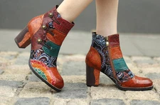 Boho Women Flower Splicing Genuine Leather ankle Boots Cowboy Zip  Boots sz