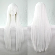 White Straight Sleek Long Full Hair Wig Side Bangs Cosplay 31 inch Long
