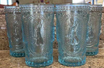 Retro Easter Bunny Rabbit Hobnail BLUE Tall Water Beverage Glasses Set Of 4