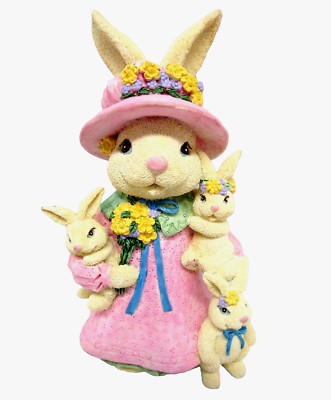 Resin Easter Mama Bunny Rabbit with 3 Baby Bunnies Figurine pink dress and hat