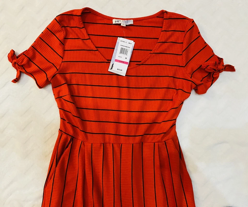 Mono para mujer Jolt rojo y negro tejido a rayas elástico cuello redondo manga corta M Foto 4 de 4