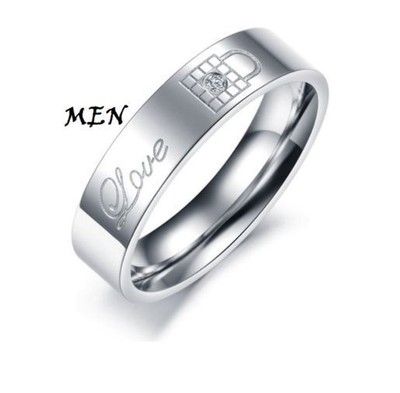 Titanium Stainless Steel CZ Love Lock & Key Promise Ring Couple Wedding Gift