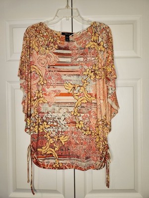 Vinatage Flowy Top L Multi Floral psychedelic Butterfly Sleeves Ruched Ties