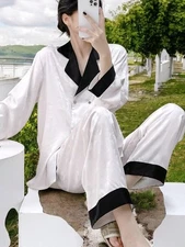 Women's Satin Pajama Set With Contrast Trim And Button-Up Top