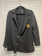 Ralph Lauren Black Merino Wool Double Breasted Crest Crown Logo Button Blazer -