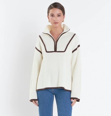 CONTRAST PIPING QUARTER-ZIP SWEATER English Factory Sweater Pullover Sz XS Cream