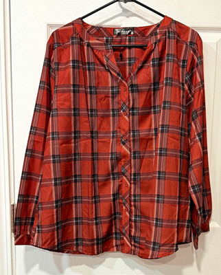 Allegra K Women s XL Rust Black White Plaid V-Neck Button Long Sleeve Blouse