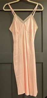Vtg Shiny Rayon Satin Slippery Pink Slip Gown Pretty Lace 32 34