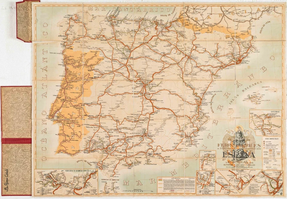 1956 年大号亚麻背折叠铁路地图,西班牙和葡萄牙 — 第 2/2 张图片