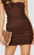 PLT Brown Chiffon Corset Detail Ruched Bandeau Bodycon Dress size 10 