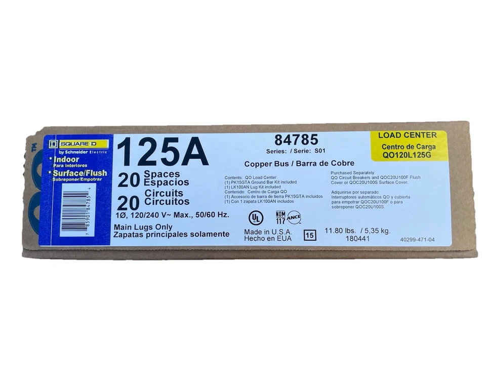 Centro de carga Square D QO120L125G 125A 20 espacios, 20 circuitos nuevo I. Caja Foto 2 de 3