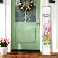 Spring Flower Welcome Porch Sign, White Wooden Sign for Pink Tulip Welcome