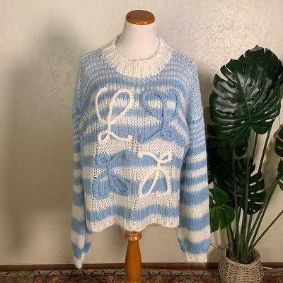 Loewe Anagram Blue/White Striped Mohair-Blend Sweater / Size Small